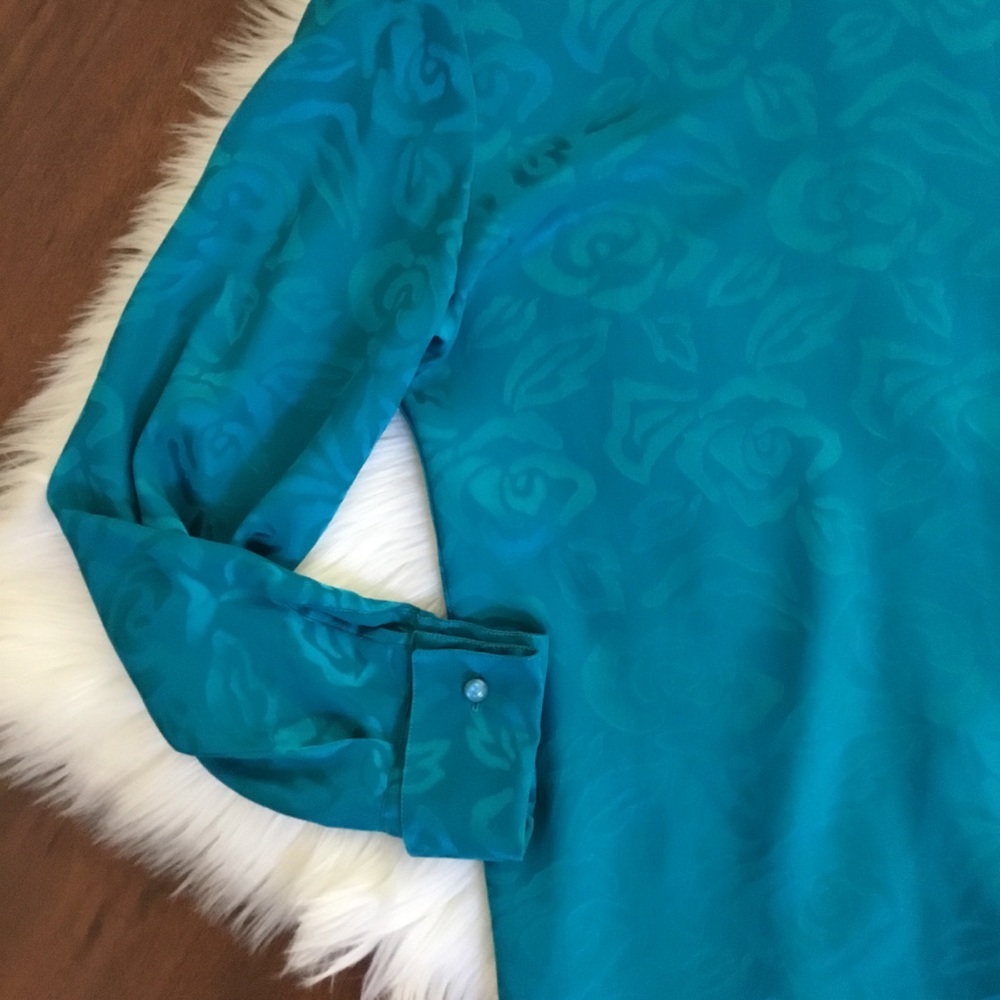 Vintage Turquoise Floral 100% Pure Silk Long Sleeve Top Size 4 - Picture 3 of 9